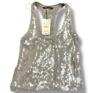 Zara Sequin Tank Top Silver Beaded Racerback Party Top Size Medium NWT